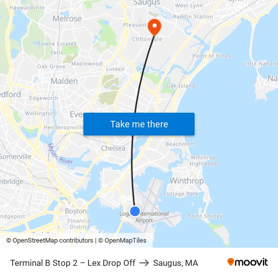 Terminal B Stop 2 – Lex Drop Off to Saugus, MA map