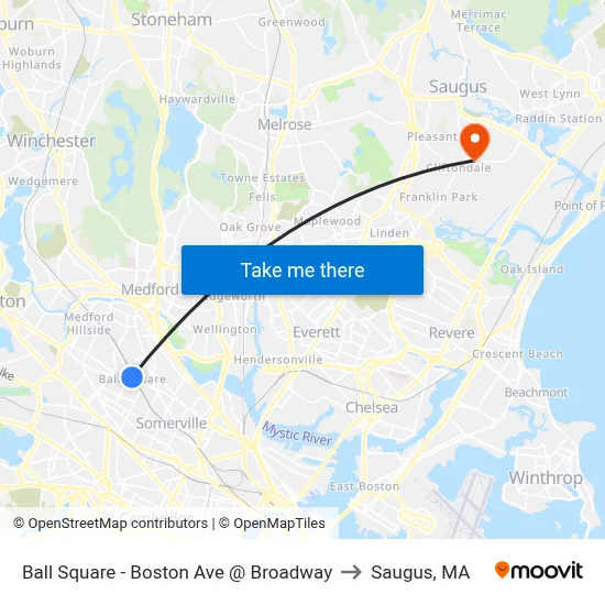 Ball Square - Boston Ave @ Broadway to Saugus, MA map