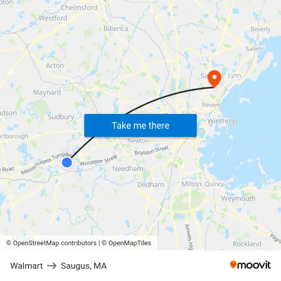 Walmart to Saugus, MA map