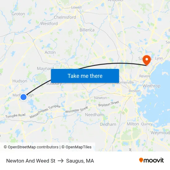 Newton And Weed St to Saugus, MA map