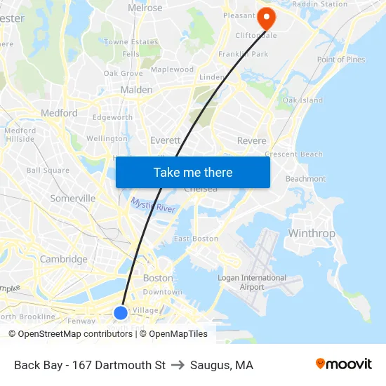 Back Bay - 167 Dartmouth St to Saugus, MA map