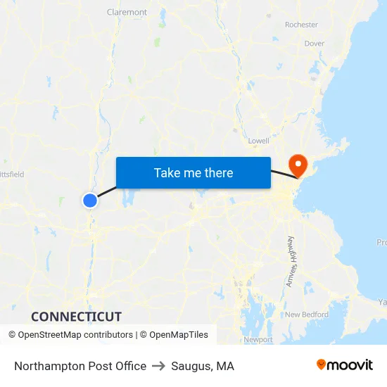 Northampton Post Office to Saugus, MA map