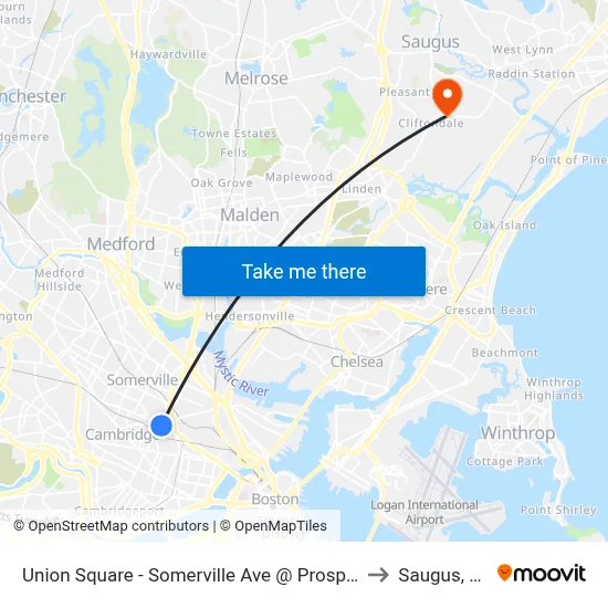 Union Square - Somerville Ave @ Prospect St to Saugus, MA map