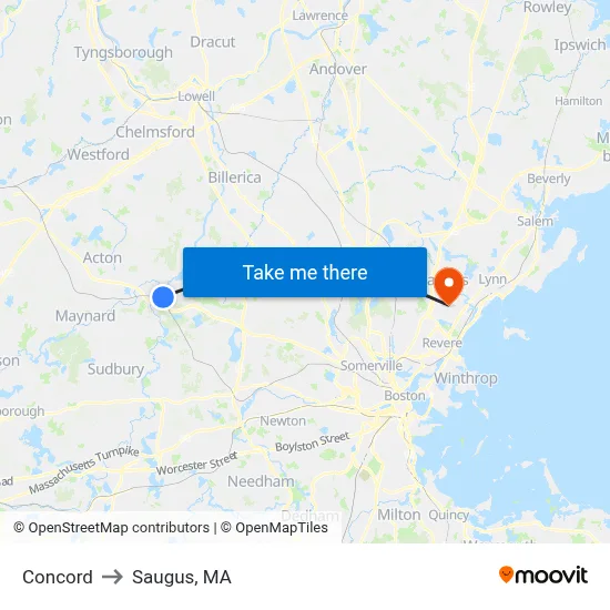 Concord to Saugus, MA map