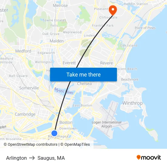 Arlington to Saugus, MA map