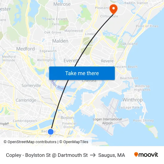 Copley - Boylston St @ Dartmouth St to Saugus, MA map