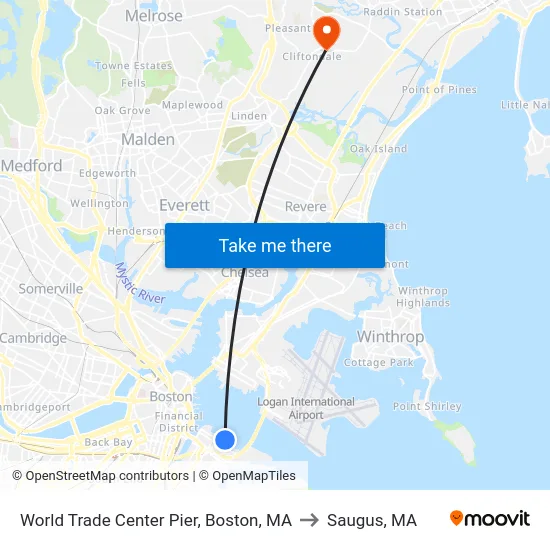 World Trade Center Pier, Boston, MA to Saugus, MA map