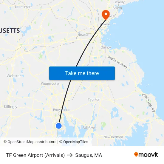 TF Green Airport (Arrivals) to Saugus, MA map