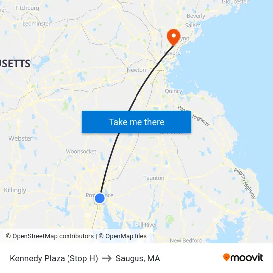 Kennedy Plaza (Stop H) to Saugus, MA map