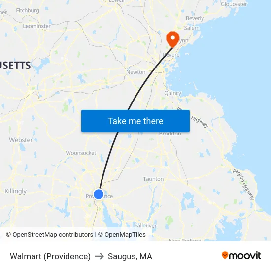 Walmart (Providence) to Saugus, MA map