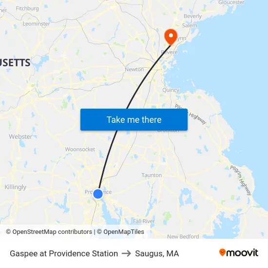 Gaspee at Providence Station to Saugus, MA map