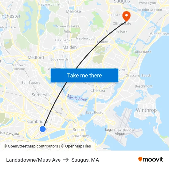 Landsdowne/Mass Ave to Saugus, MA map