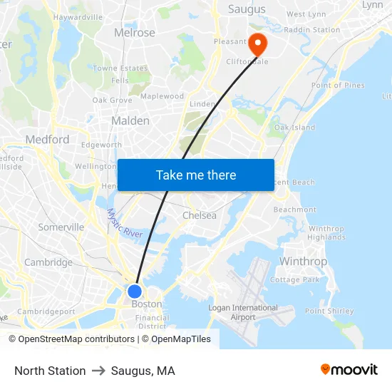 North Station to Saugus, MA map