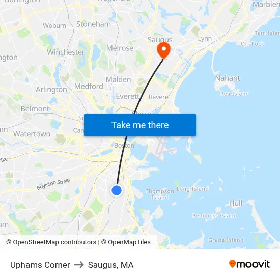 Uphams Corner to Saugus, MA map