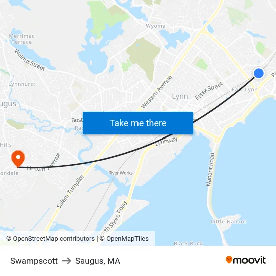 Swampscott to Saugus, MA map