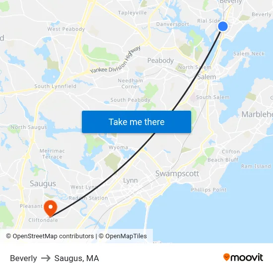 Beverly to Saugus, MA map