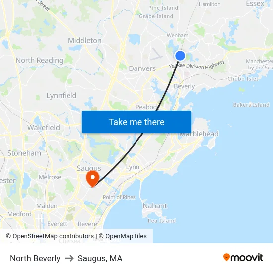 North Beverly to Saugus, MA map