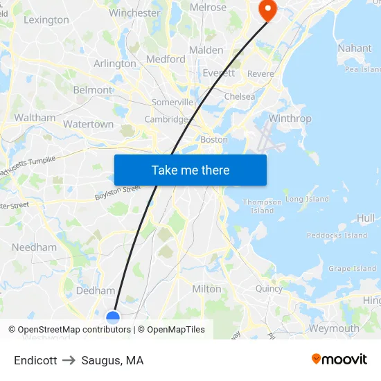 Endicott to Saugus, MA map