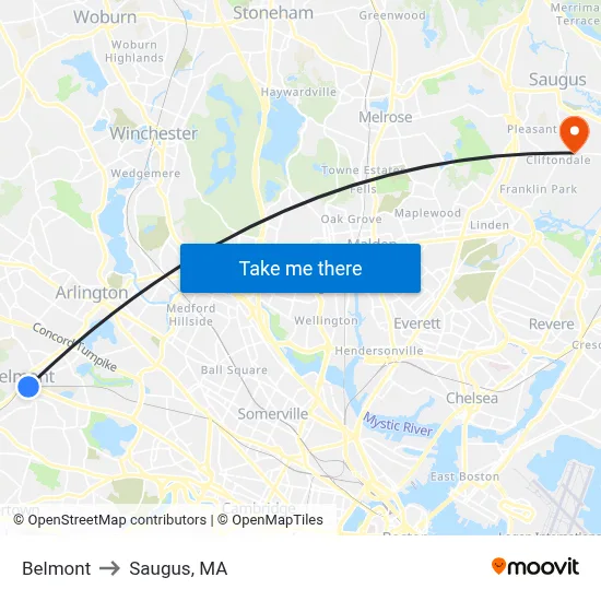 Belmont to Saugus, MA map