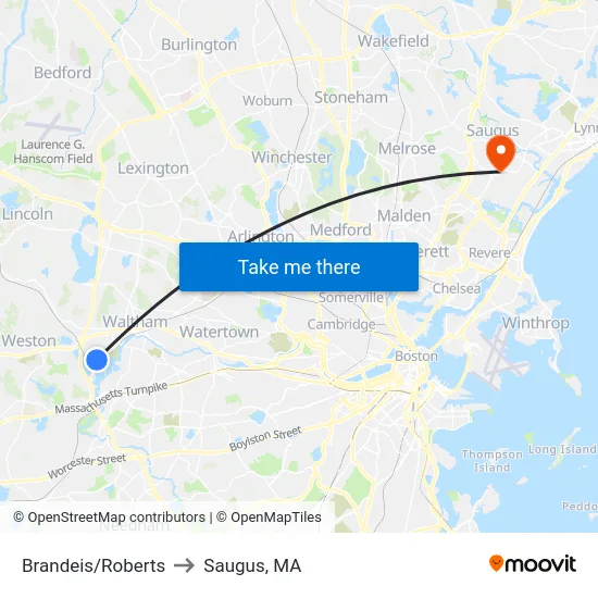 Brandeis/Roberts to Saugus, MA map