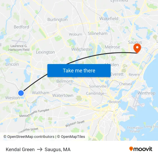 Kendal Green to Saugus, MA map