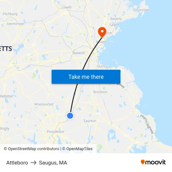 Attleboro to Saugus, MA map