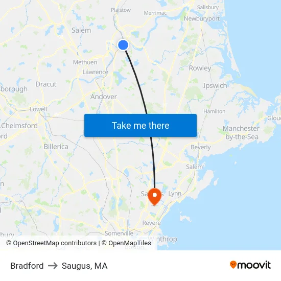 Bradford to Saugus, MA map