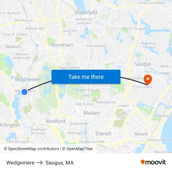 Wedgemere to Saugus, MA map