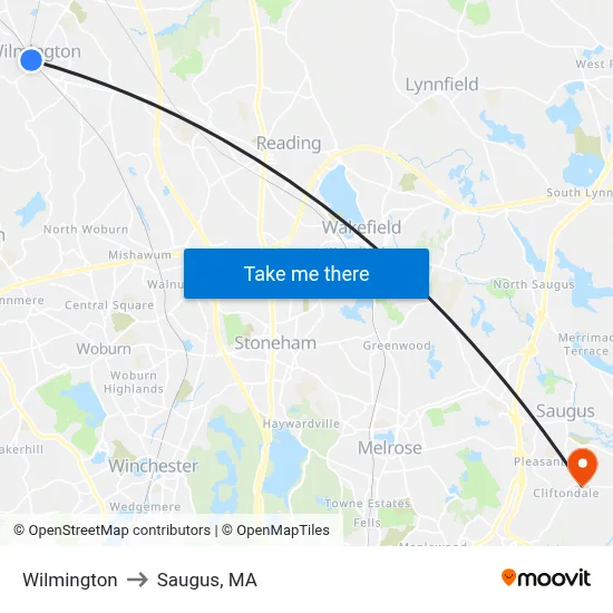 Wilmington to Saugus, MA map