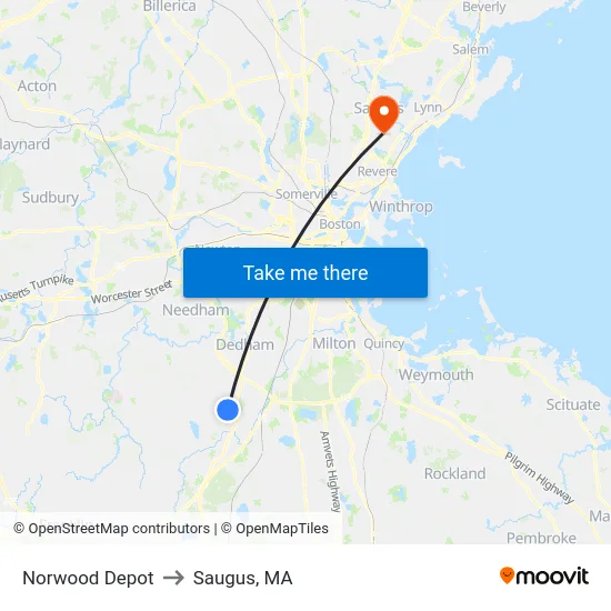 Norwood Depot to Saugus, MA map