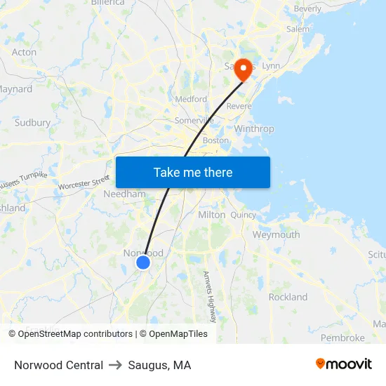 Norwood Central to Saugus, MA map