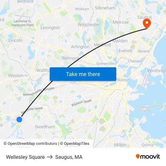 Wellesley Square to Saugus, MA map