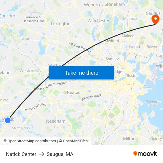 Natick Center to Saugus, MA map