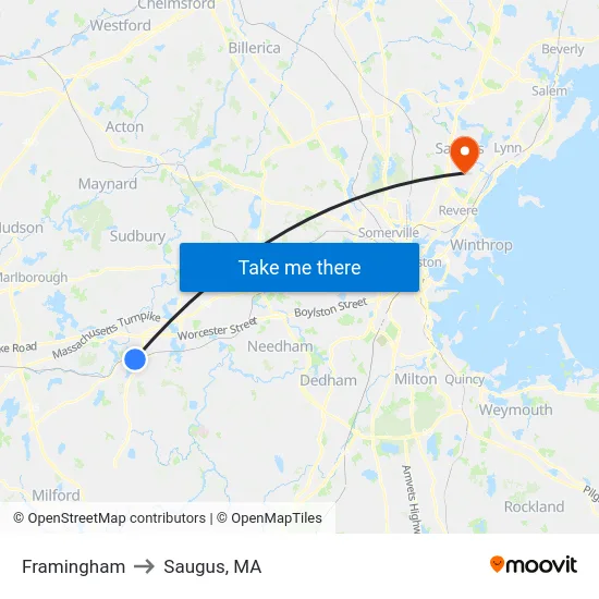 Framingham to Saugus, MA map