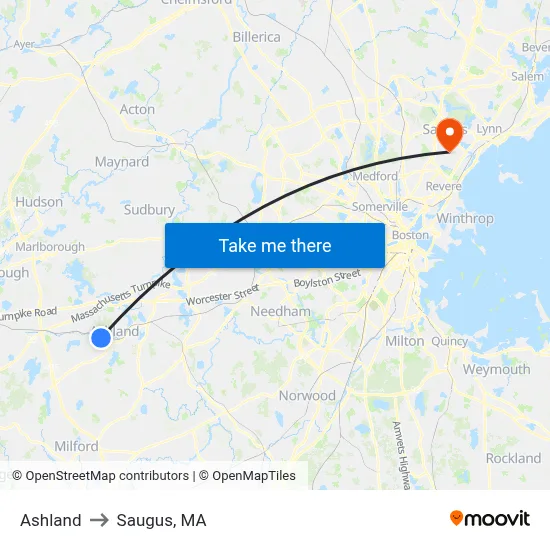 Ashland to Saugus, MA map