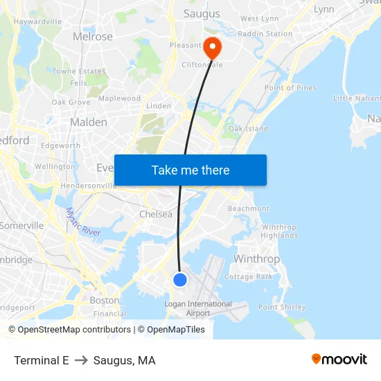 Terminal E to Saugus, MA map