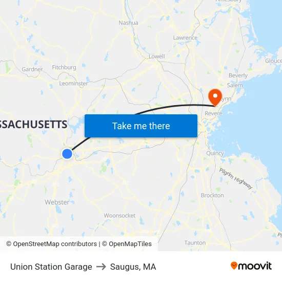 Union Station Garage to Saugus, MA map