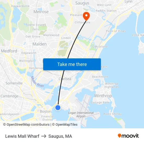 Lewis Mall Wharf to Saugus, MA map