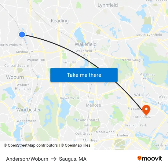 Anderson/Woburn to Saugus, MA map