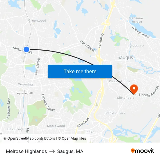 Melrose Highlands to Saugus, MA map