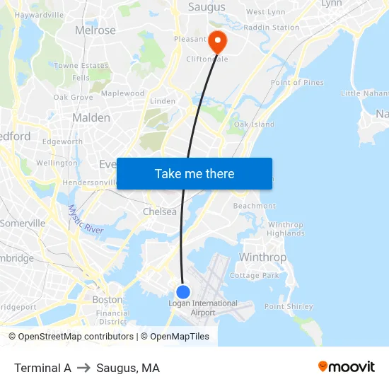 Terminal A to Saugus, MA map