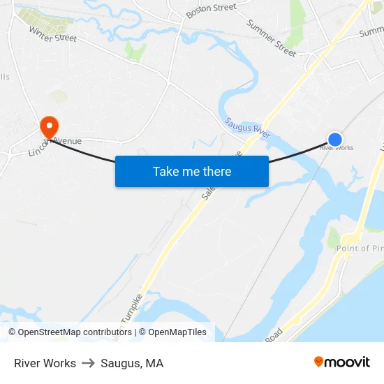 River Works to Saugus, MA map