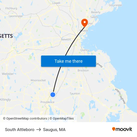 South Attleboro to Saugus, MA map