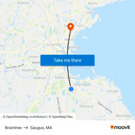 Braintree to Saugus, MA map