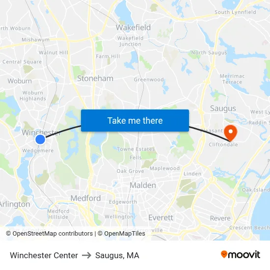 Winchester Center to Saugus, MA map