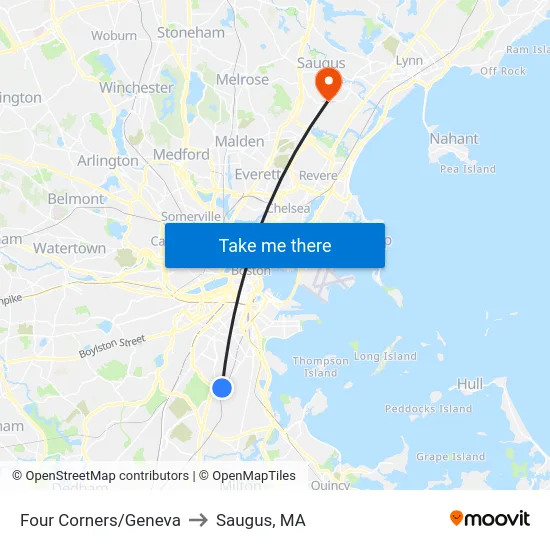 Four Corners/Geneva to Saugus, MA map