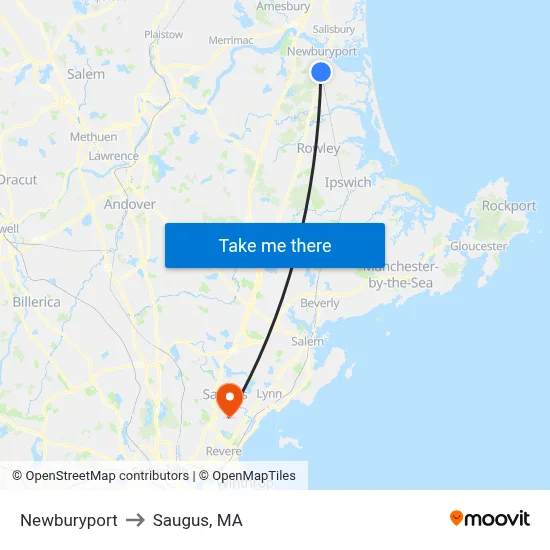 Newburyport to Saugus, MA map