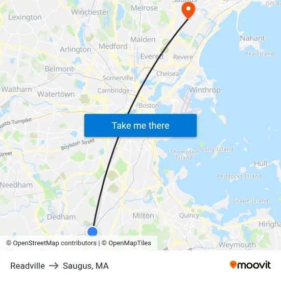 Readville to Saugus, MA map