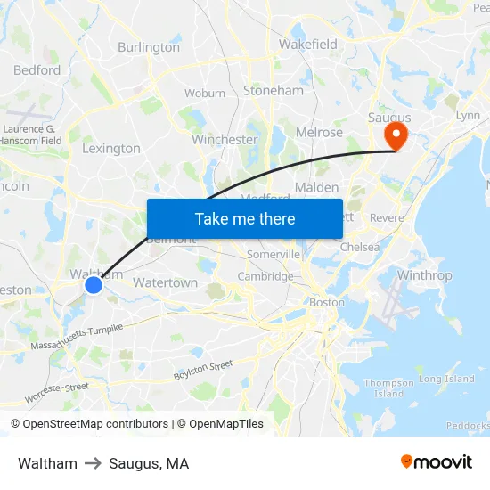 Waltham to Saugus, MA map