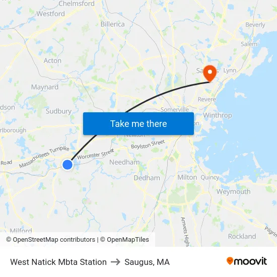 West Natick Mbta Station to Saugus, MA map